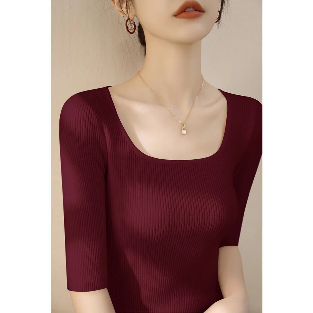新款方领U领套头简约打底上衣2025年夏季时尚修身五分袖针织衫女