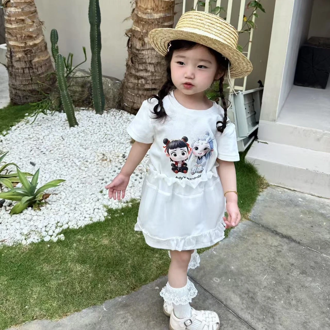 壹妈童装小女孩洋气韩范衣服女童洋气短袖连衣裙小女孩白色裙子