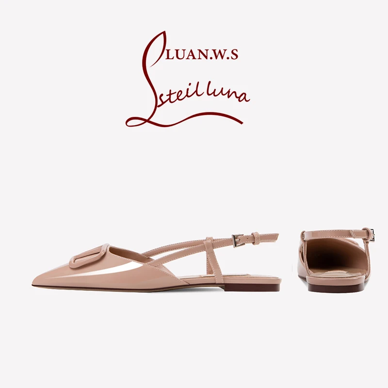 羊皮V扣裸色平底鞋女2025新款尖头浅口半拖凉鞋仙女风包头拖鞋女