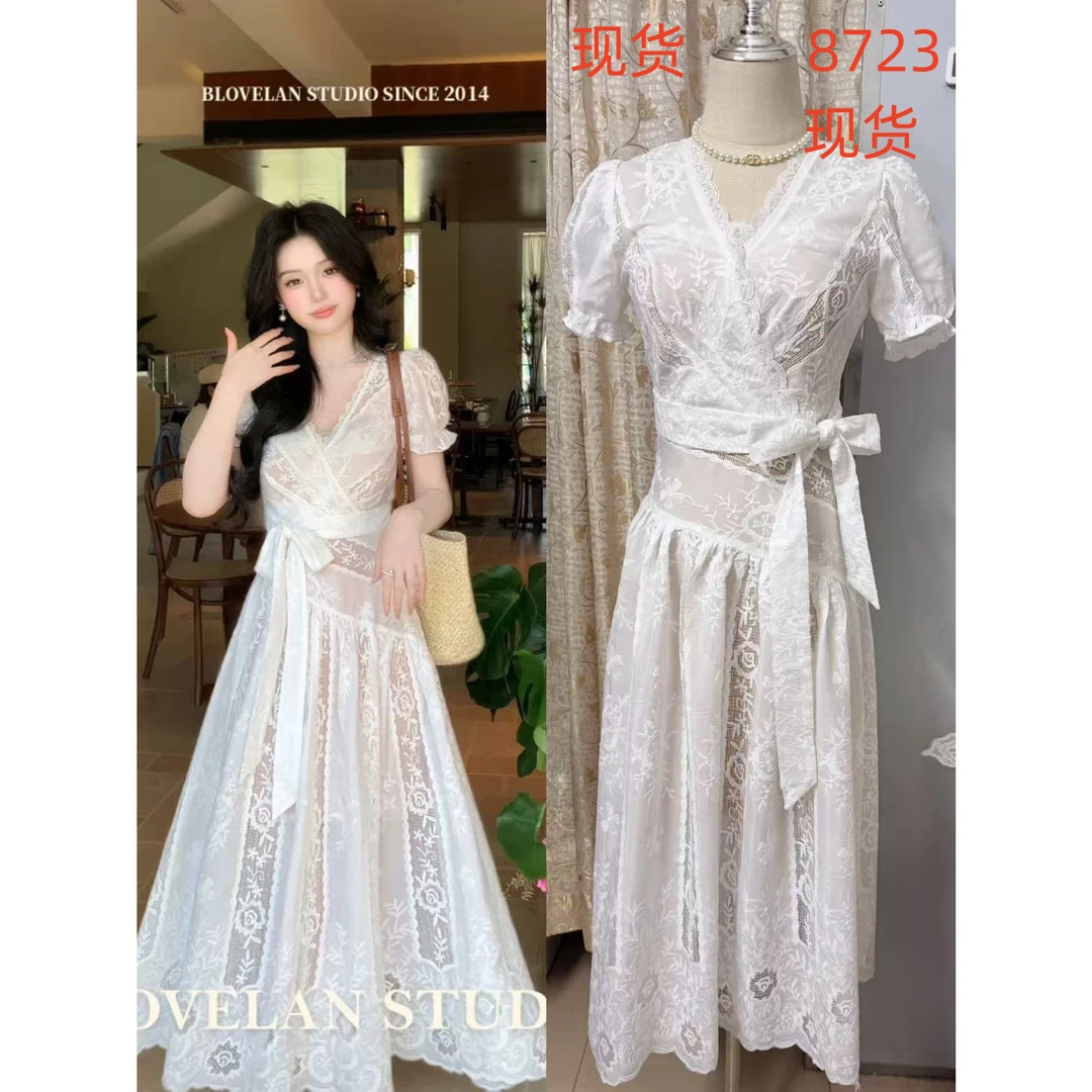 v领白连衣裙长裙优雅绣花束腰女装裙子蕾丝气质夏季法式收腰旗袍