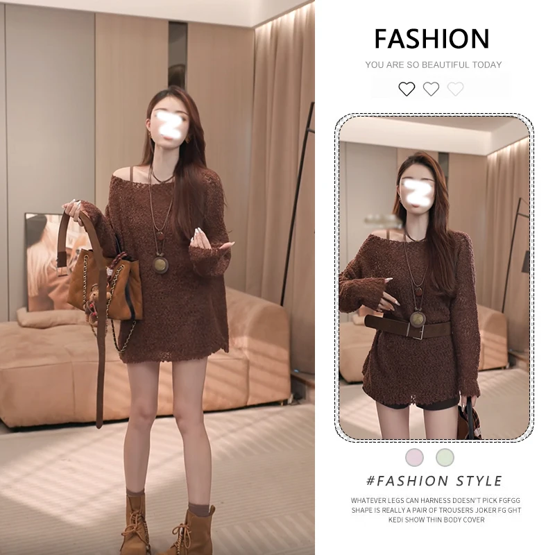 秋季2025新款斜肩高级感慵懒长袖针织衫女巨好看百搭软糯毛衣上衣