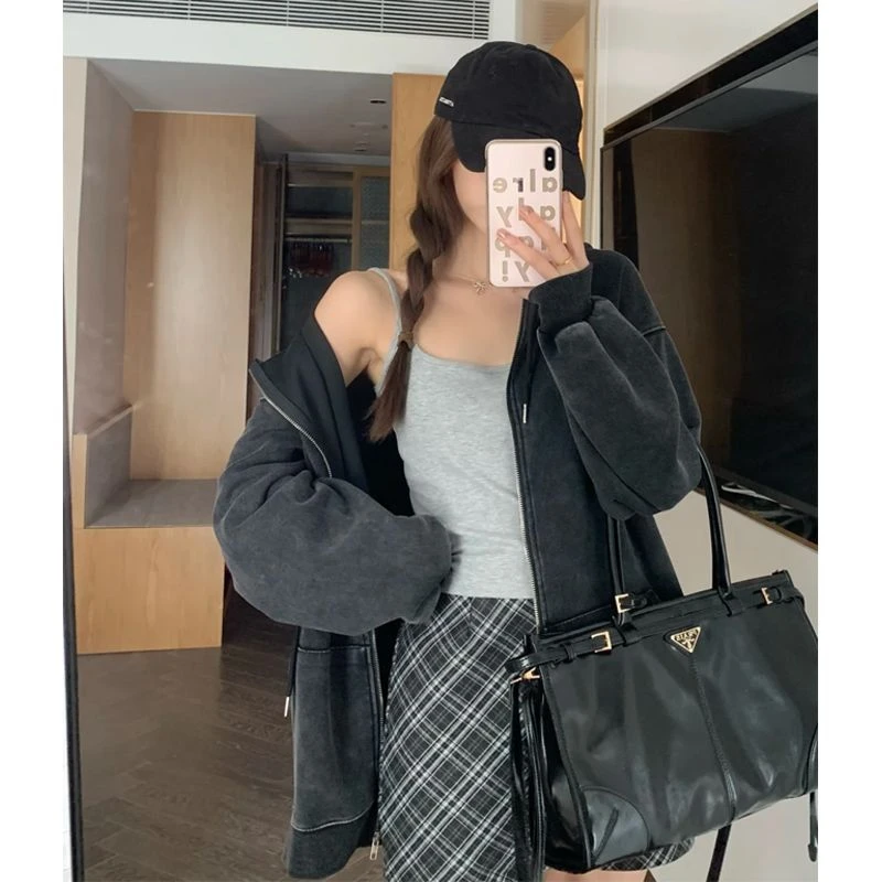 大码200斤复古潮牌设计感做旧连帽开衫卫衣女秋季新款显瘦上衣ins