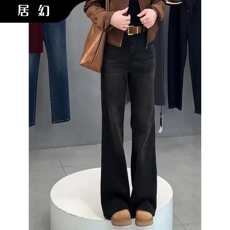 居幻微喇裤秋季款2025潮流新款高腰显瘦喇叭裤牛仔黑色弹力长裤子