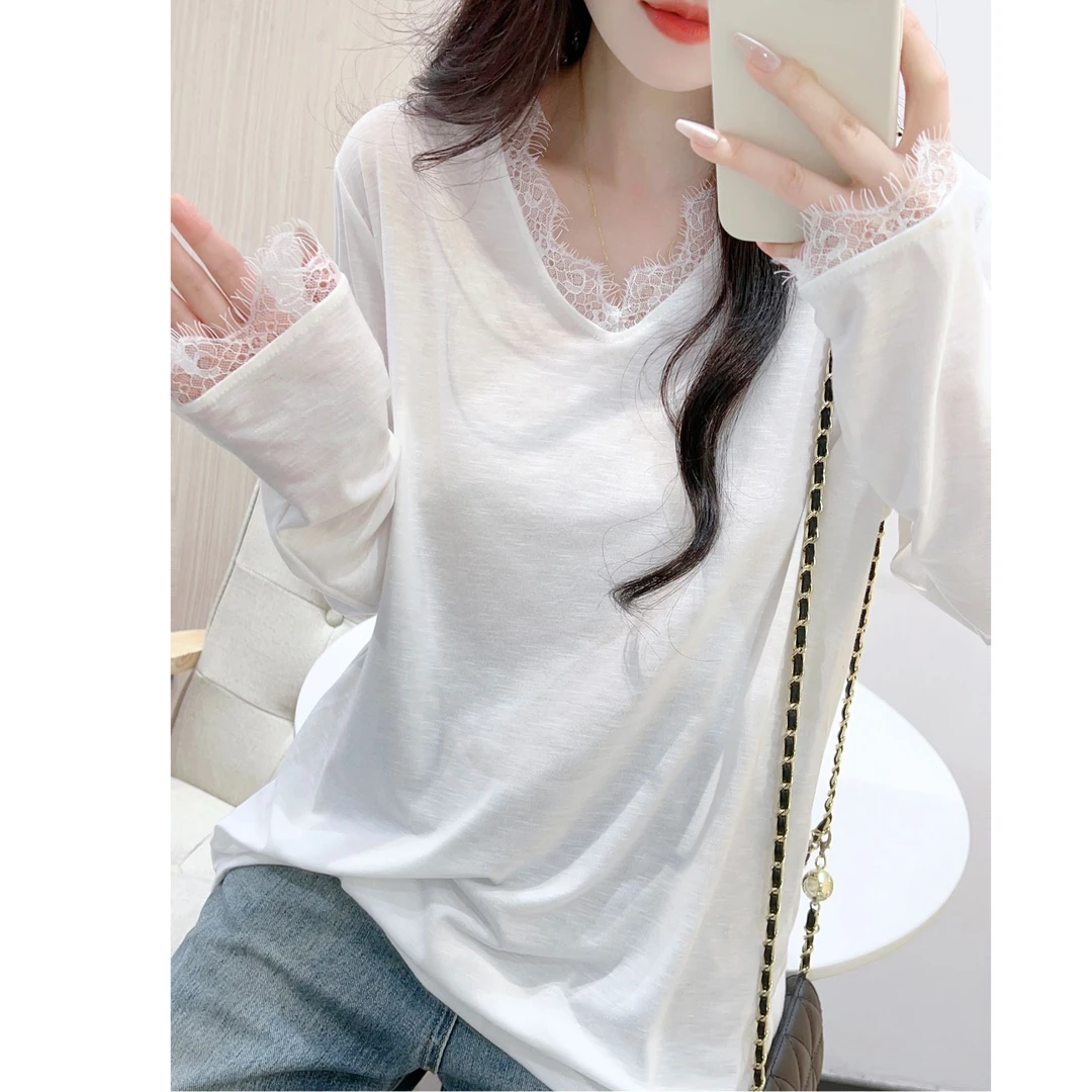 防晒雪花棉薄款白色V领蕾丝边长袖t恤女春夏感宽松拼接设计感上衣