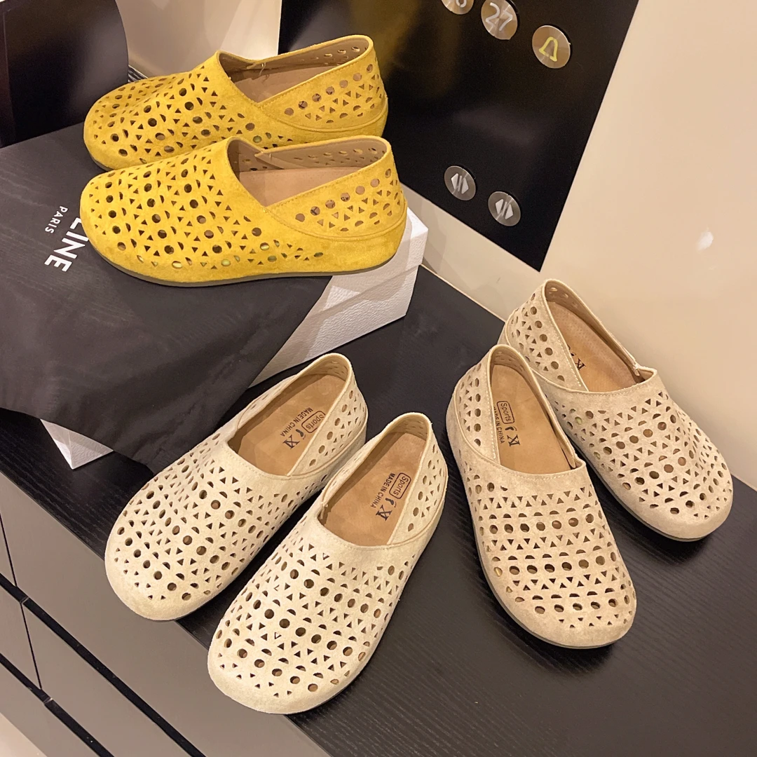 真皮镂空勃肯鞋女平底懒人鞋2025年夏季新款两穿豆豆鞋丑萌鞋单鞋