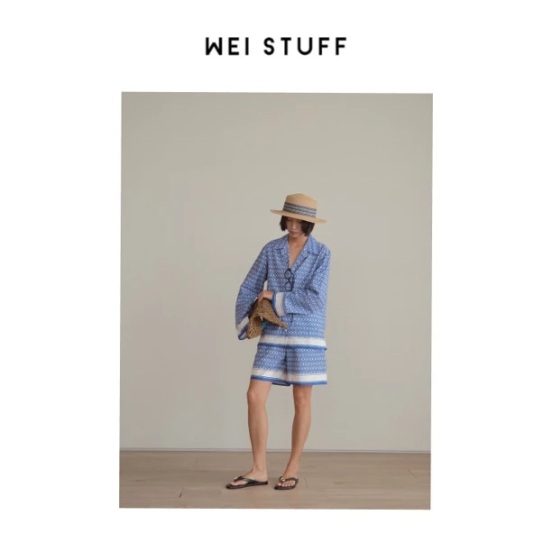 WEI STUFF “海岛度假” 时尚舒适高腰印花直筒宽松休闲短裤 9164.