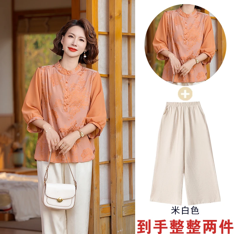 9042-中老年妈妈薄款上衣夏装小衫两件套国风休闲衬衫套装【慕雨】