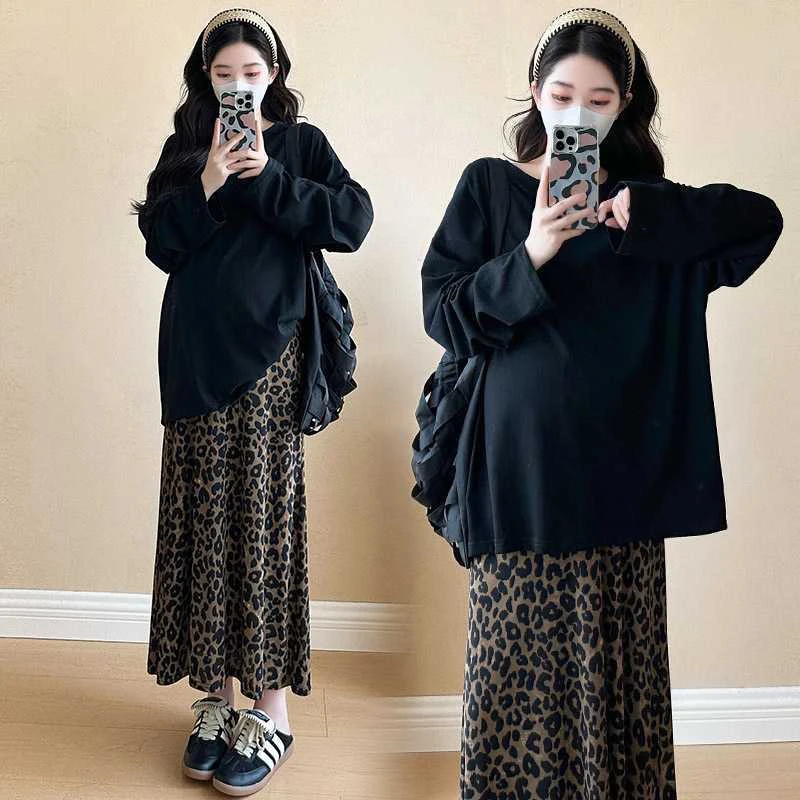 春季减龄两件套新款长袖打底+可调节豹纹半身裙