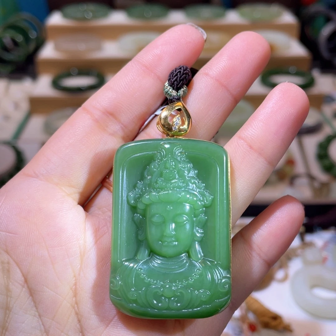 和田玉高品18Ｋ粉绿度母吊坠18K金镶嵌