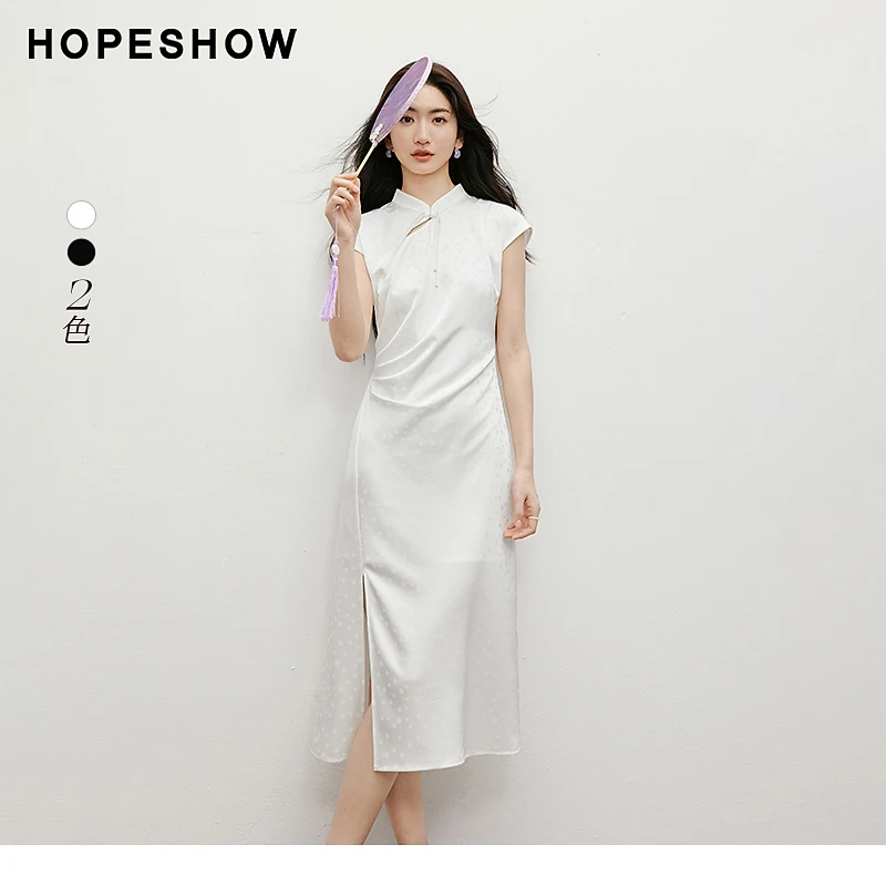 红袖2025夏女装 新中式盘扣连肩袖开叉收腰立领连衣裙90125151616