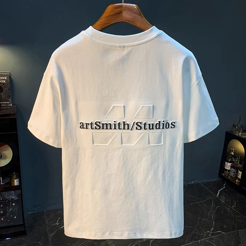 潮牌短袖T恤男夏季立体浮雕压印上衣舒适百搭薄款修身圆领半袖t恤