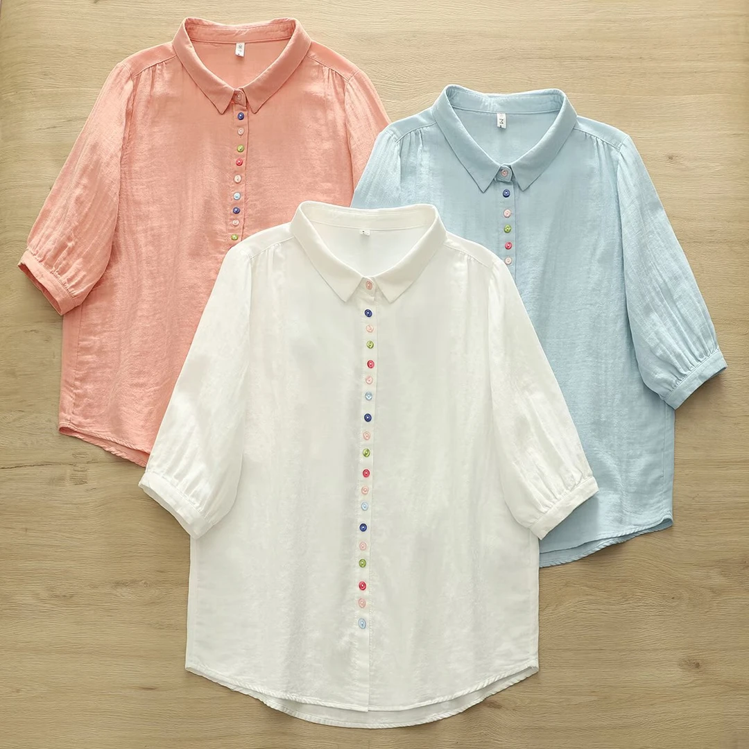 文艺彩扣设计双层棉纱衬衫女宽松显瘦亲肤透气五分袖上衣