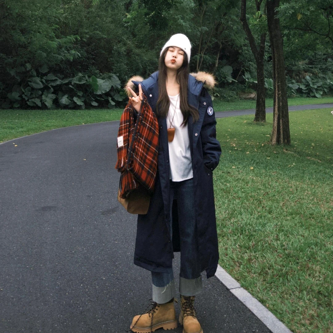 学院风藏蓝色长款工装派克服棉服女冬2025新大毛领工装外套小个子