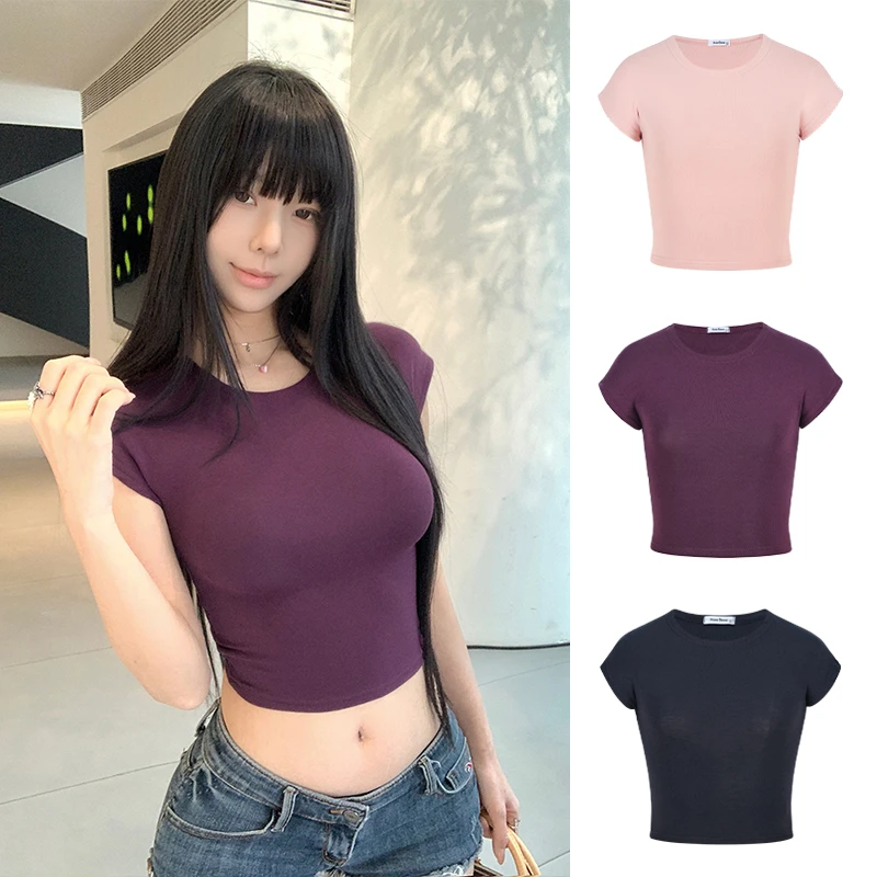 Moses Queen/魔西女王紫色显身材短袖T恤紧身打底收腰辣妹短上衣