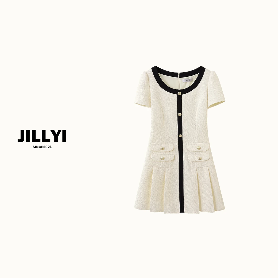 JILLYI南山店【山竹茉莉】黑白撞色圆领时尚夏季法式休闲时尚连衣裙
