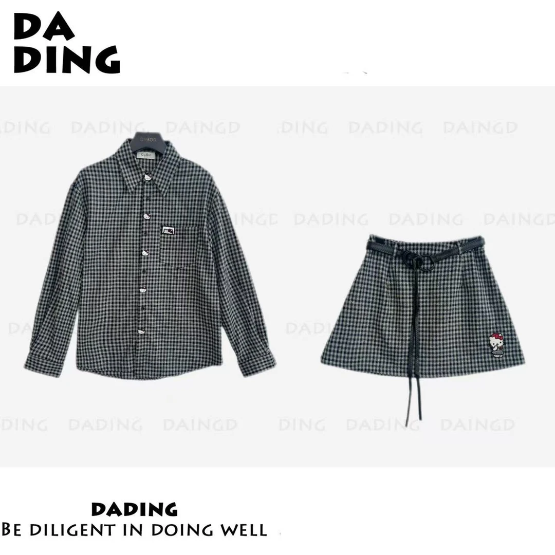 DADING 【KT格子控】新款文艺格子衬衫+半身裙套装井2376A+井2379A