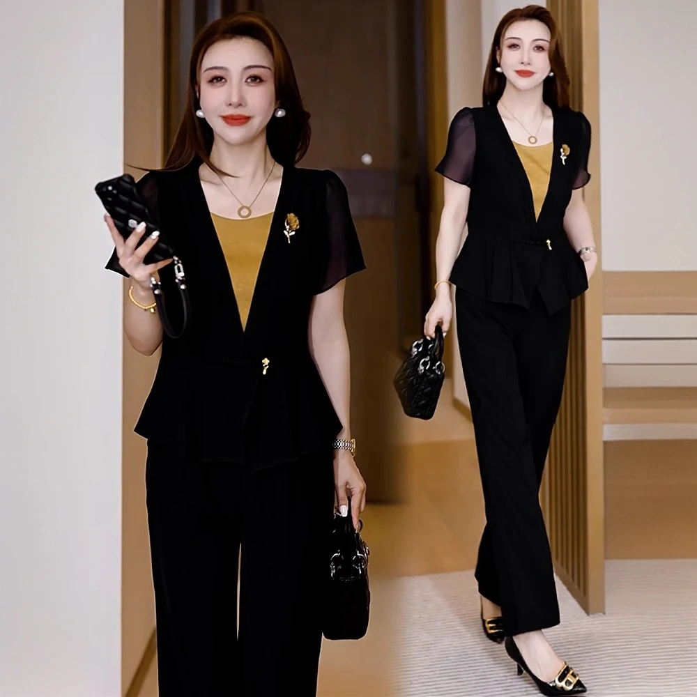 时尚套装女2025夏季新款洋气显瘦假两件V领短袖上衣阔腿裤两件套