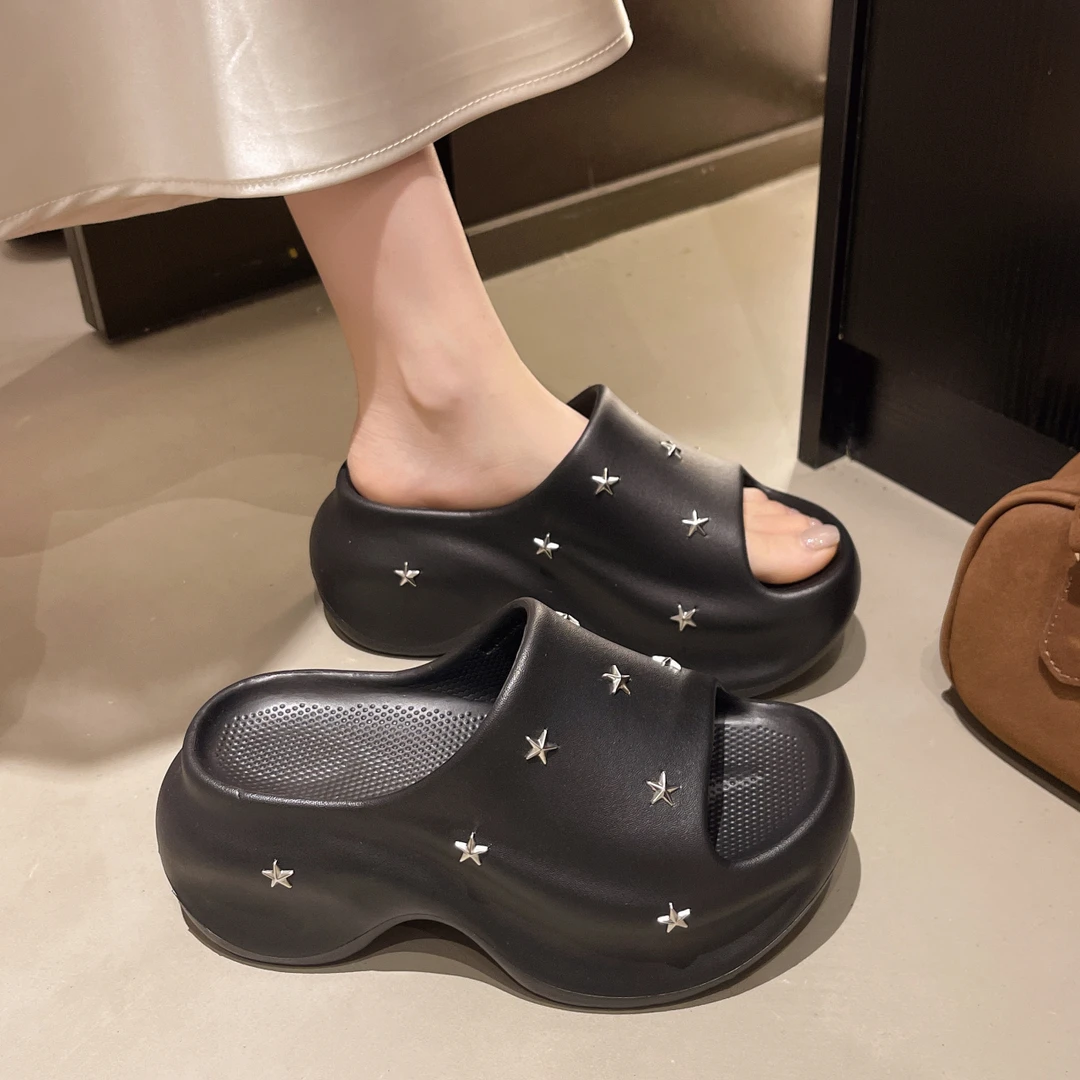 厚底增高银色一字拖鞋女夏季外穿2025新款小个子洞洞鞋沙滩凉拖鞋