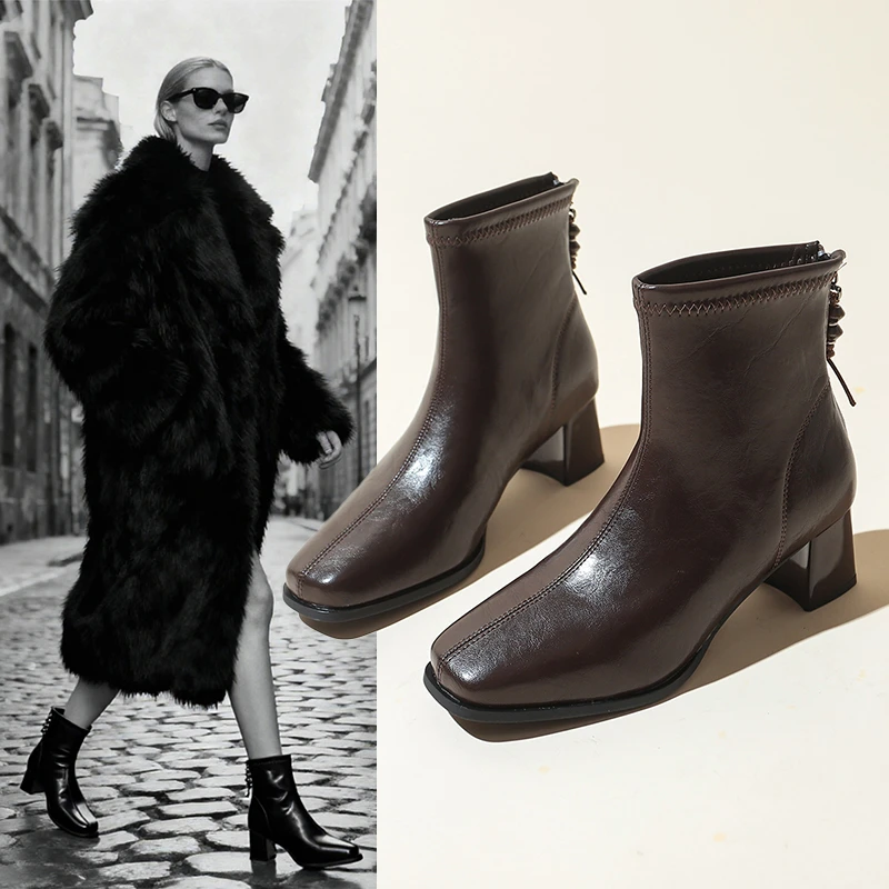 方头马丁靴女2025秋冬新款英伦风女士短筒女鞋百搭中跟复古瘦瘦靴