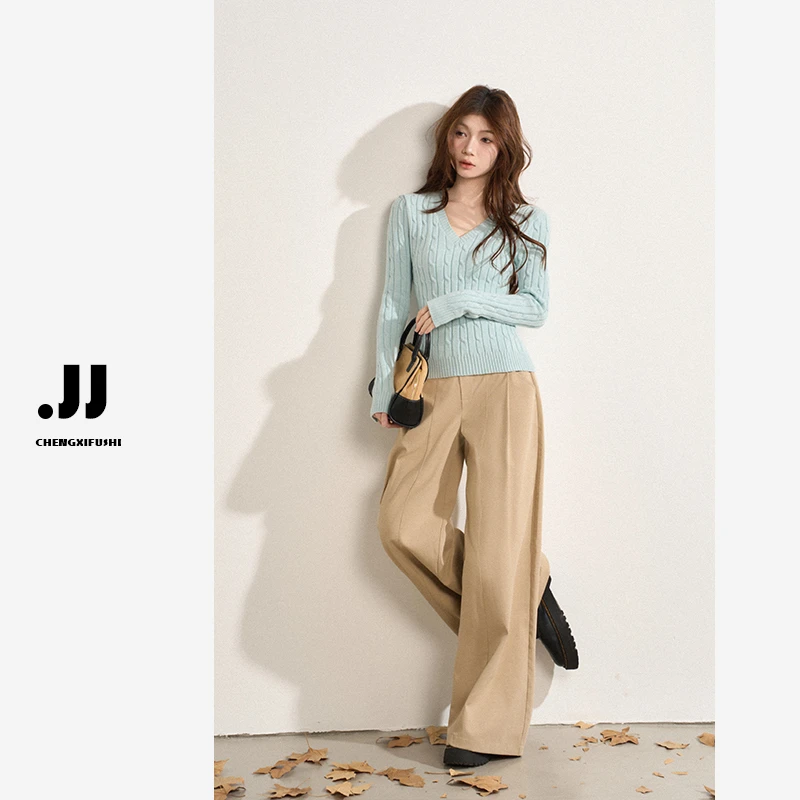 H1299【V领绞花】秋冬纯色套头休闲日式慵懒风针织衫上衣女