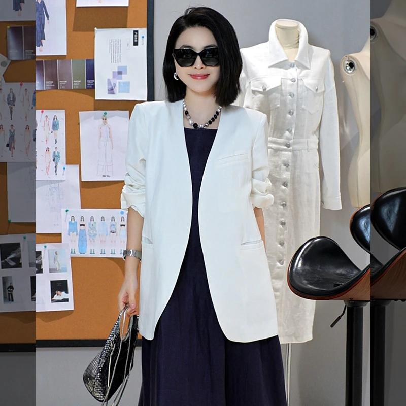 溶溶【精英女主】RONRGONG 醋酸亚麻混纺无领百搭西装外套F26QW315