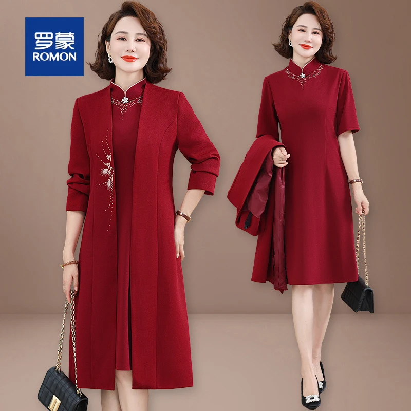 罗蒙十月份年轻喜婆婆婚宴装新款妈妈礼服连衣裙秋装高贵两件套