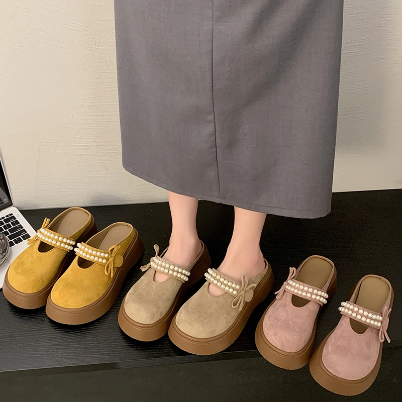 厚底珍珠蝴蝶结超火玛丽珍包头半拖鞋女外穿2025春夏新款懒人凉拖