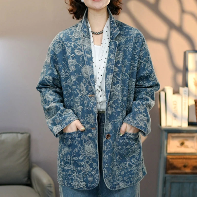 8792蓝色女士牛仔西装外套2025春季新款潮流时尚百搭上衣宽松大码