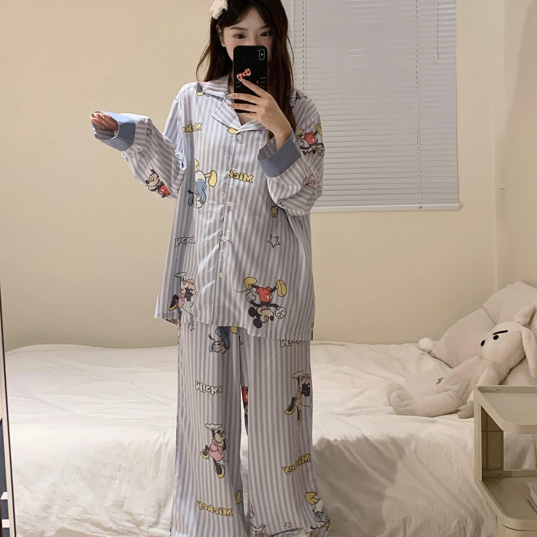 韩系可爱米奇印花长袖睡衣女款夏款新款大码家居服开衫长裤两件套