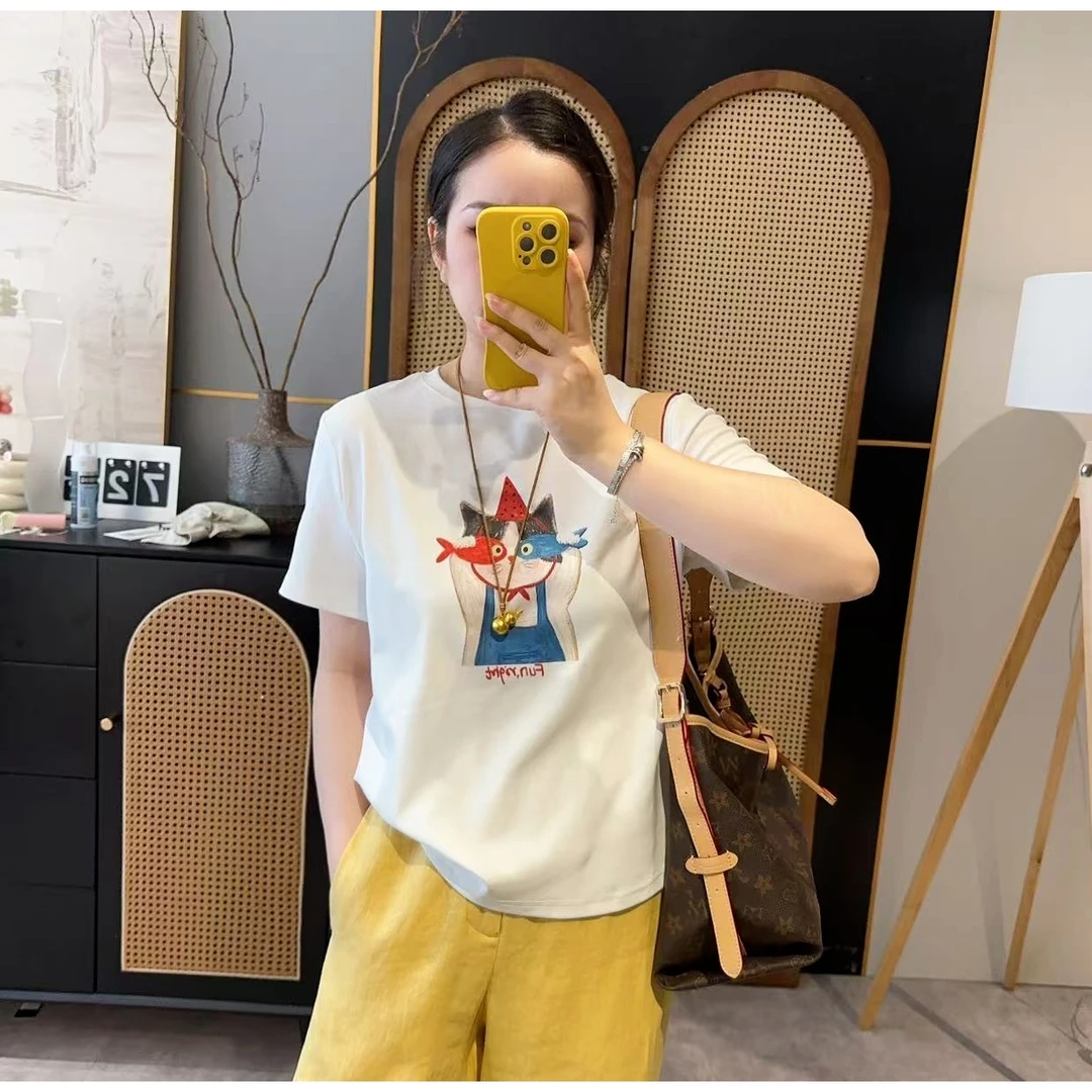【欧加粒粒】油画感卡通猫咪印花T恤2025夏季休闲百搭短袖 H82575