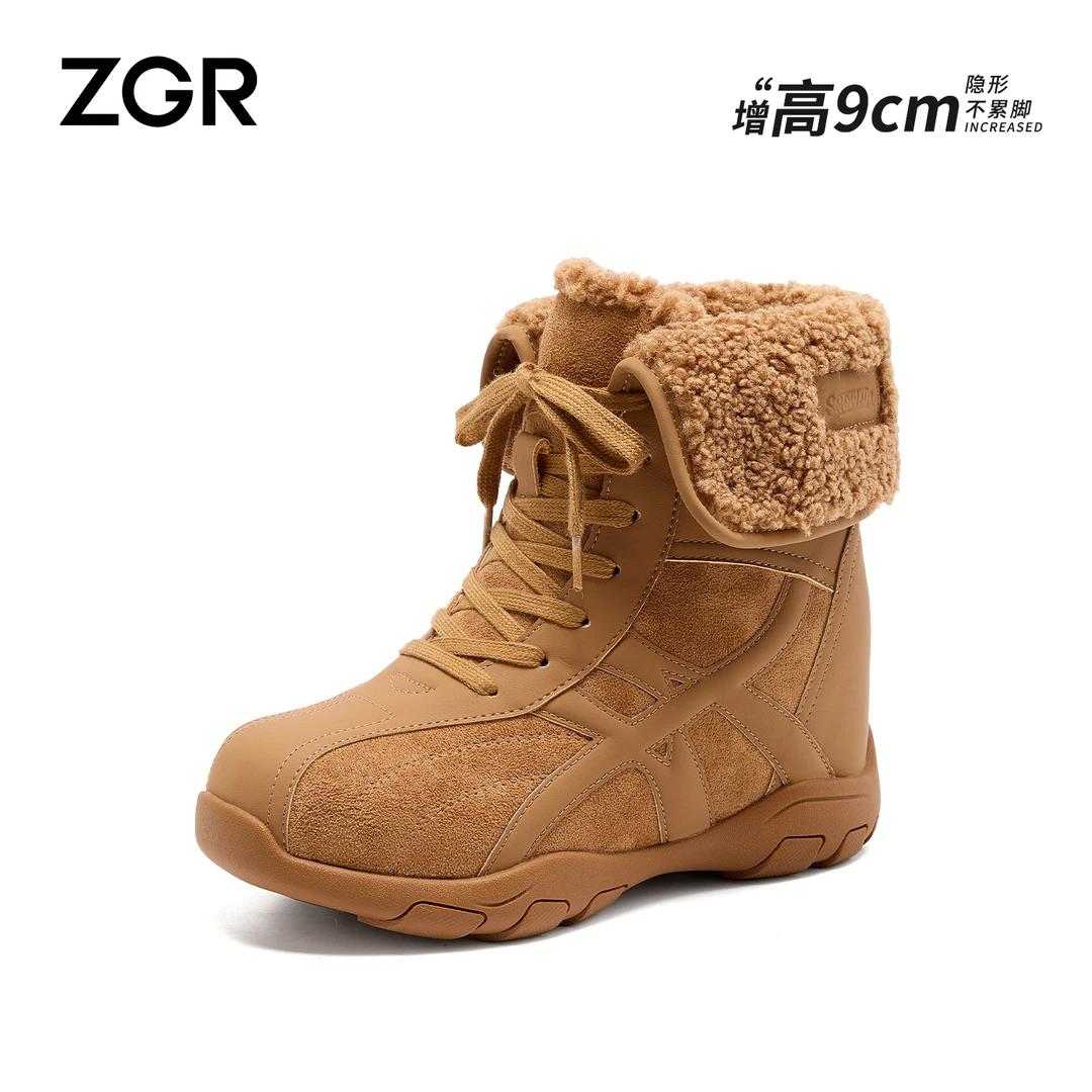 ZGR 内增高9cm加绒毛口雪地靴女冬季加厚棉鞋厚底复古显瘦马丁靴