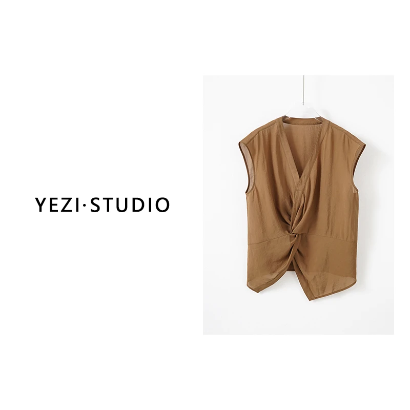 【塞纳河畔】法式交叉纽结立体褶裥V领人丝无袖小衫25216037