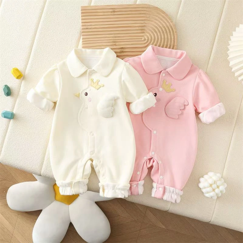 春季新款！！0288秋季婴幼儿宝宝翻领立体皇冠鸟长袖双层外出哈衣