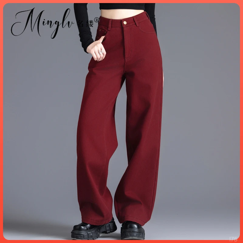 安可拉红小个子加绒宽松阔腿牛仔裤女2025新款秋冬窄版直筒牛仔裤