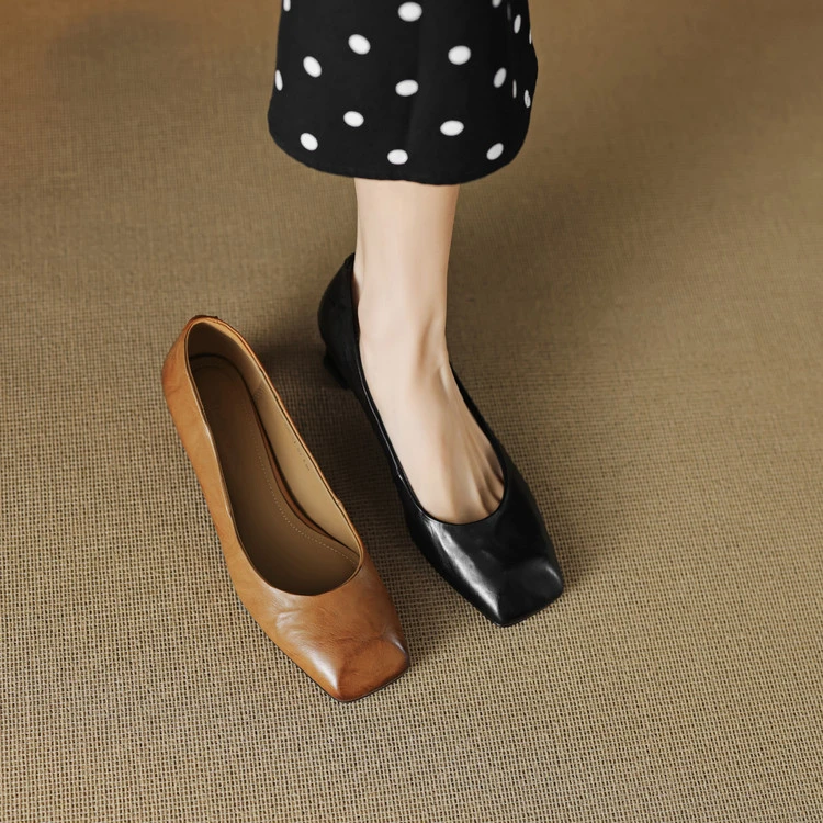 头层牛皮~4.5cm简约复古方头粗跟单鞋女春秋新款通勤百搭工作鞋子