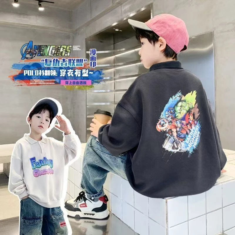 中大童儿童卫衣男孩春秋2025时尚洋气彩色卡通字母印花长袖polo衫