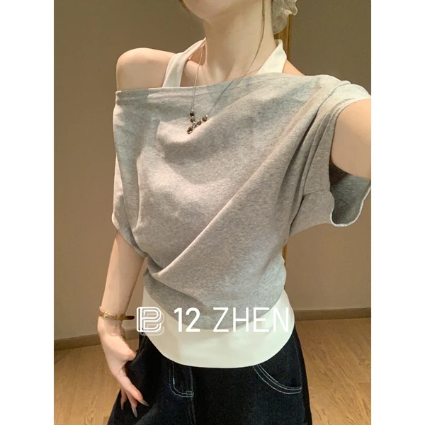 2025夏季韩版气质斜肩挂脖宽松撞色假两件百搭设计感短袖T恤女