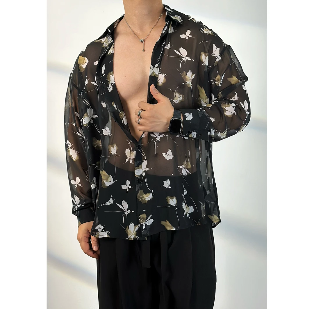 【枯叶蝶】透明薄款痞帅休闲长袖衬衫男士花衬衣原创百搭宽松潮C127