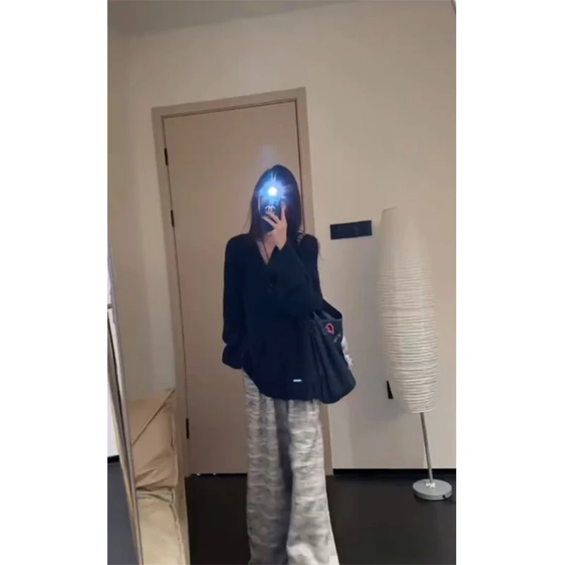2025秋季新款时尚韩系洋气慵懒风宽松显瘦长袖针织衫女高腰阔腿裤