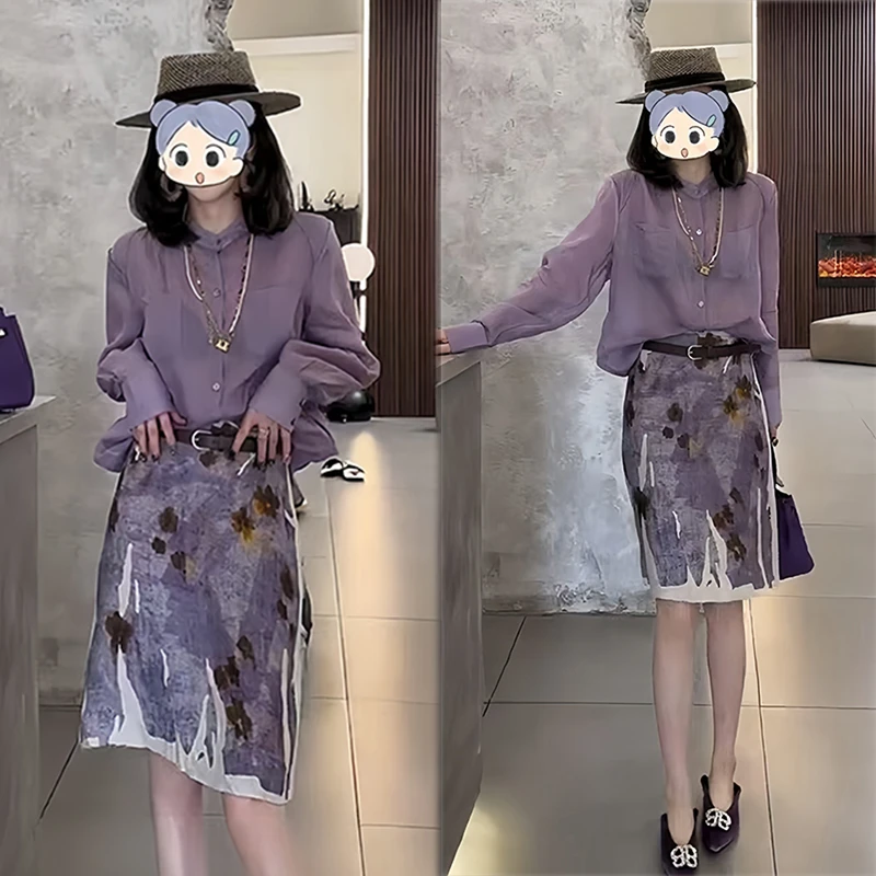 轻熟风衬衫印花短裙套装2025夏季新款韩系时尚高级感小众两件套潮