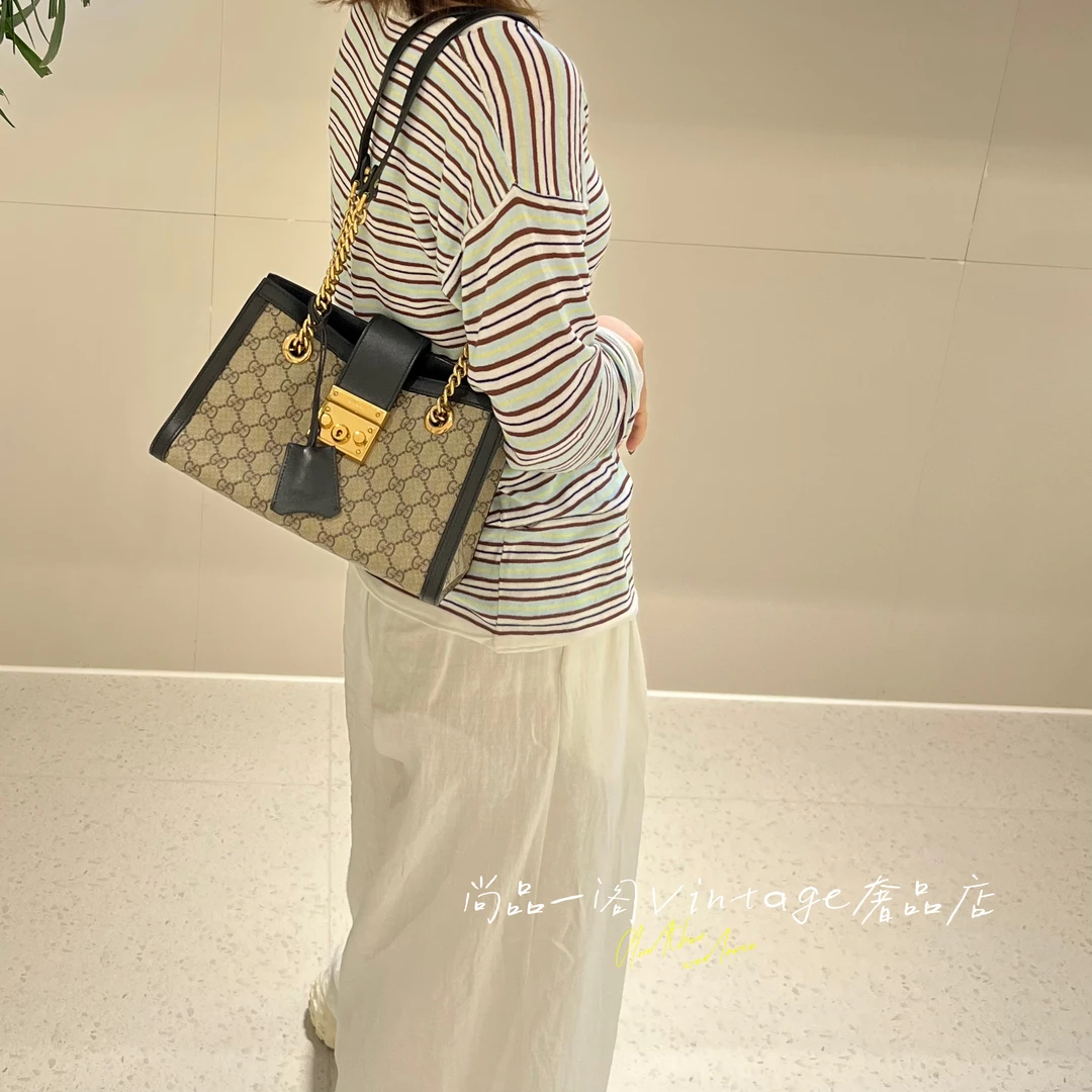 95新 GUCCI/古驰 尚品一阁/小号padlock黑配皮托特包