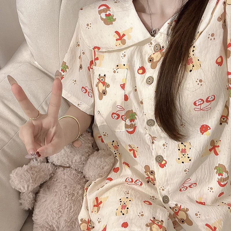 红蘑菇熊熊三件套带胸垫2025新款夏季睡衣少女短袖长裤家居服套装