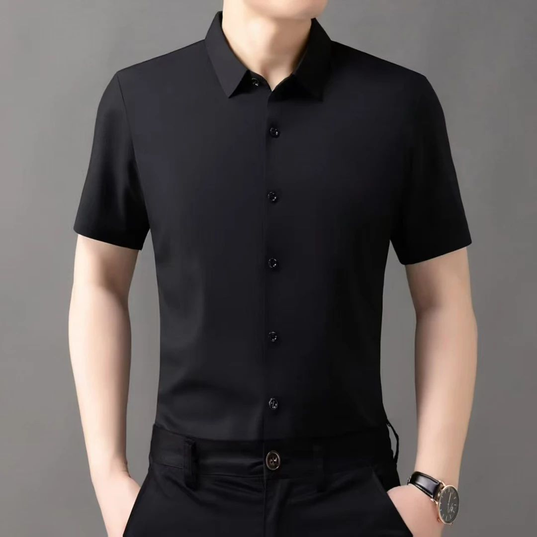 男士夏季薄款纯色百搭休闲免烫抗皱短袖衬衫