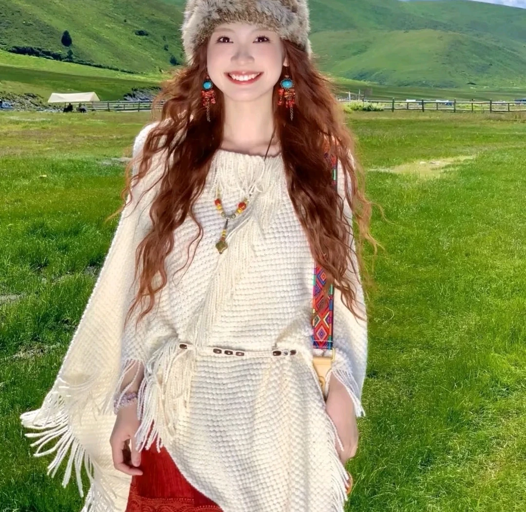 法式复古温柔风设计感流苏披肩秋季新款名族