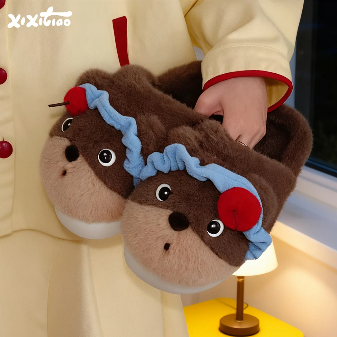 细细条 软萌小熊棉拖鞋女保暖居家室内防滑冬季可爱毛毛月子鞋ins