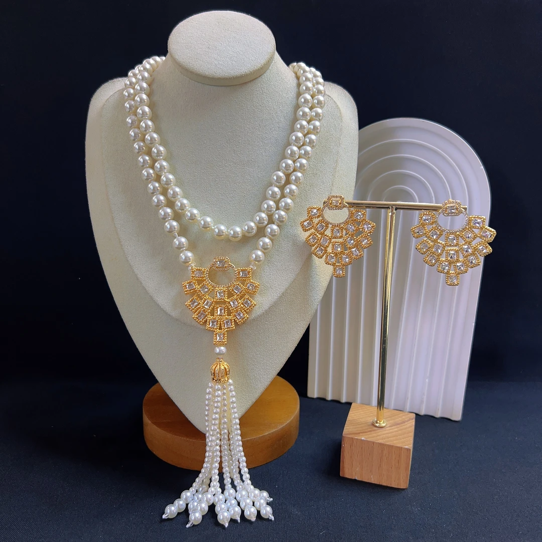 铜合金仿珍珠项链 哈尼西牧时尚华丽两件套#0008782