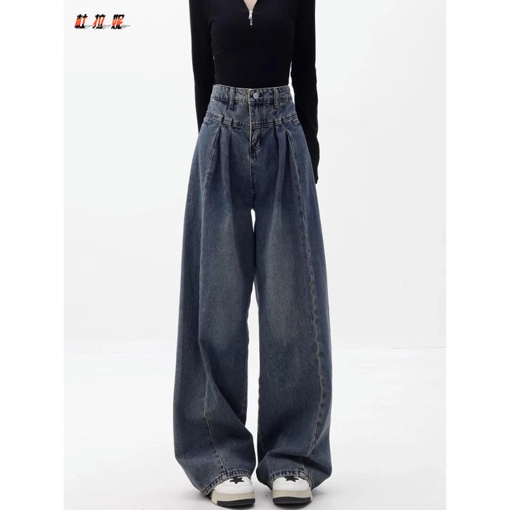 杜拉妮胖mm大码牛仔裤女士2025初秋高腰宽松直筒裤梨形身材阔腿裤