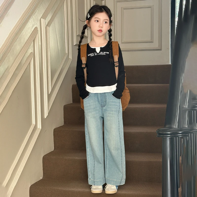 女童假两件长袖T恤套装2025新款春秋中大童短款上衣牛仔裤两件套