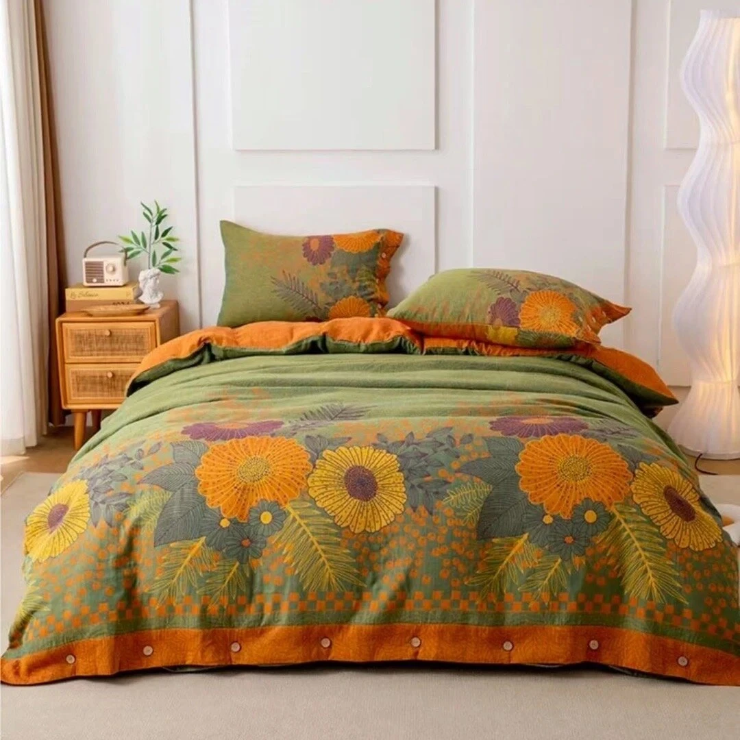 秋日暖阳-轻奢高级感有氧双层纱四件套透气舒适亲肤四季用（纽扣）