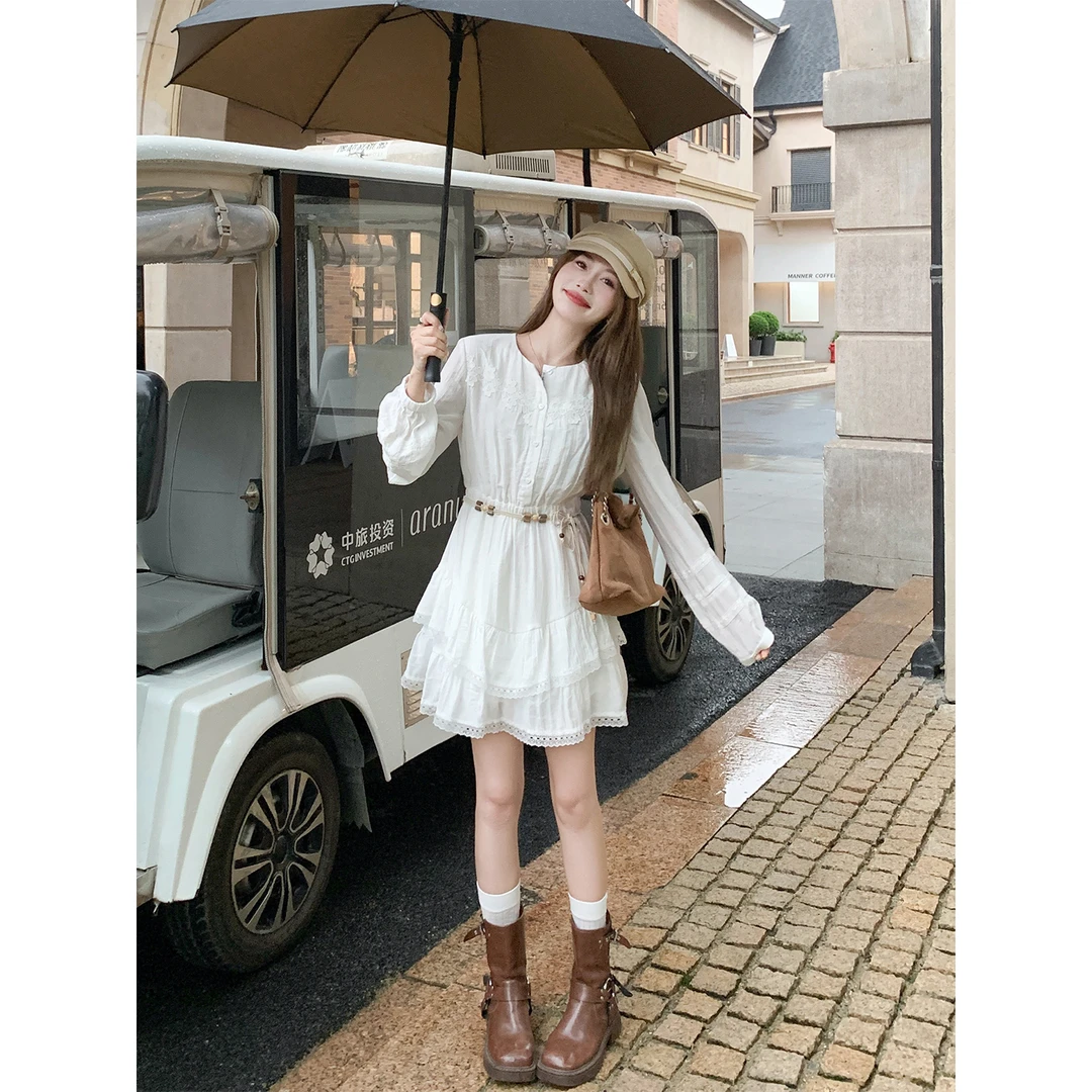 曾小咸 白色刺绣衬衫连衣裙收腰度假风仙女裙Z253LQH9365